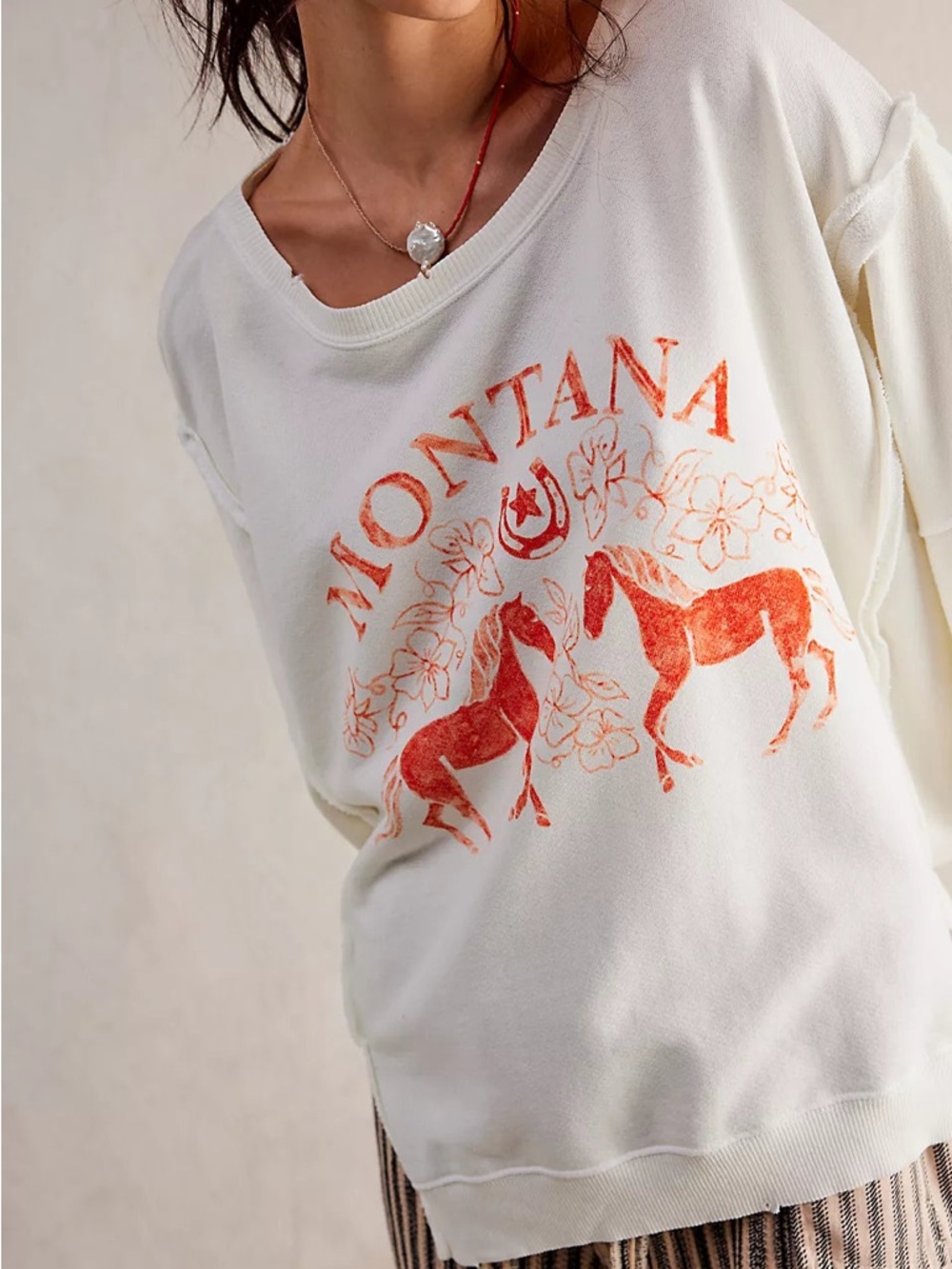 Free People Ivory Sweatshirt with Rust Graphic Horses